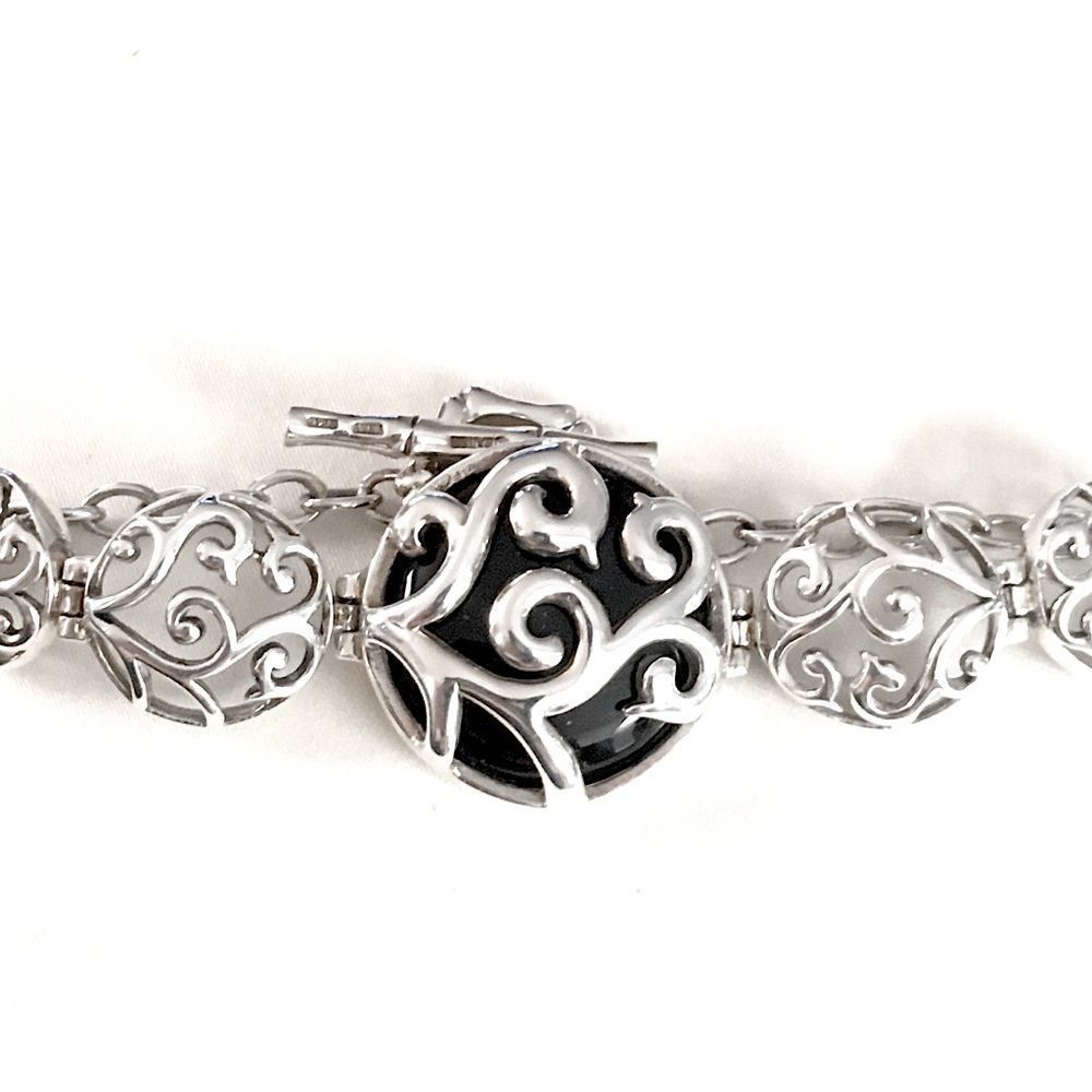 BARSE Onyx Cabochon Sterling Silver Filigree Scroll Overlay Bracelet